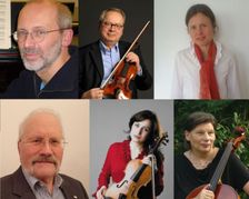 Die Collage zeigt die Sindelfinger Kammersolisten. Von links oben nach rechts unten: Andreas Dürr, Detlev Grevesmühl, Lydia Bach, Hartmut Gessinger, Daniela Schwabe, Nicola Amann-Gessinger.
